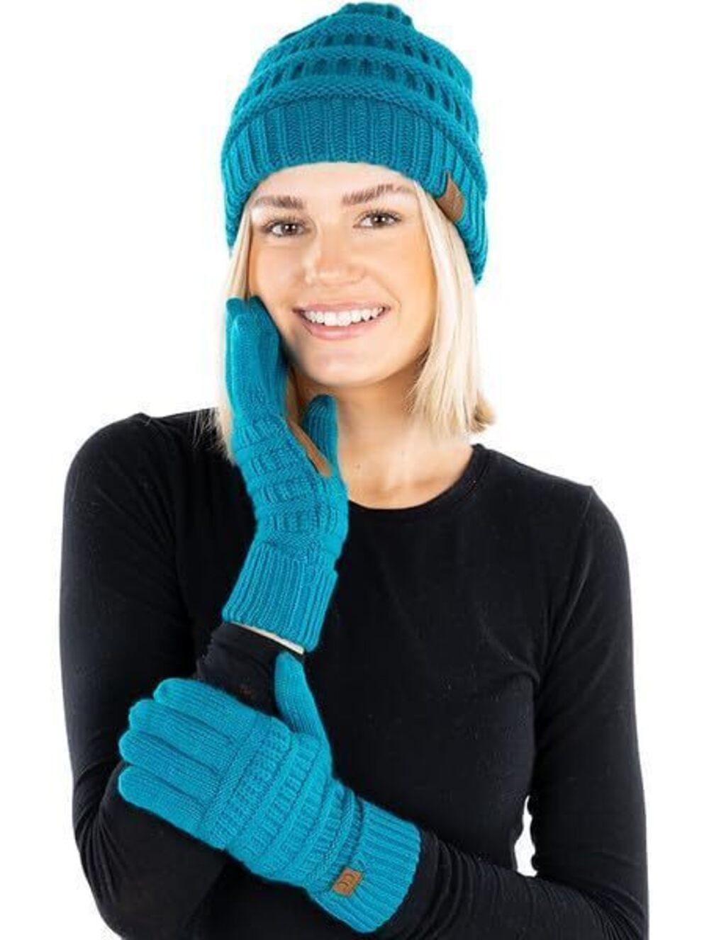 7453 Matching 2 Pk Beanie & Lined Gloves - Teal